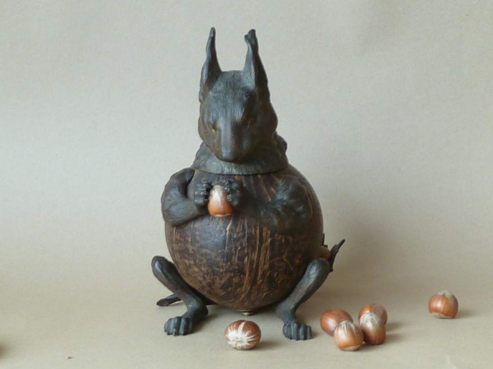 Victorian Squirrel Novelty Inkwell Coconut Shell Hazel Nut Brass