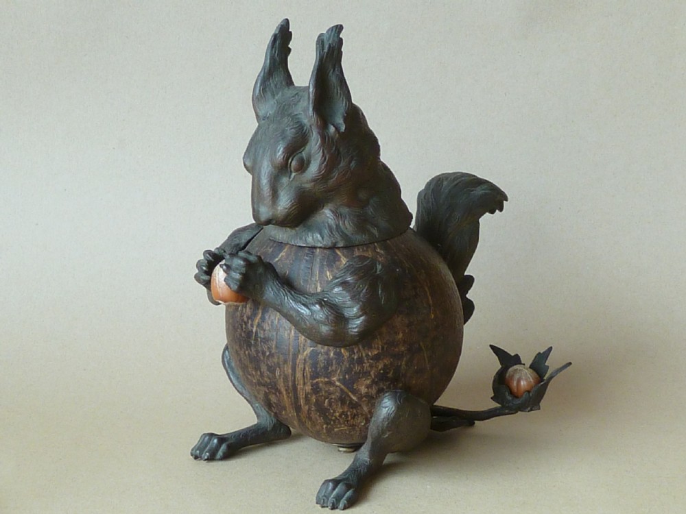 Victorian Squirrel Novelty Inkwell Coconut Shell Hazel Nut Brass View III