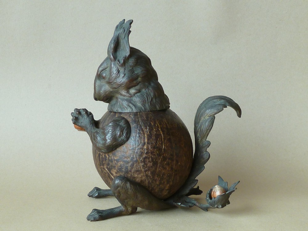 Victorian Squirrel Novelty Inkwell Coconut Shell Hazel Nut Brass View V