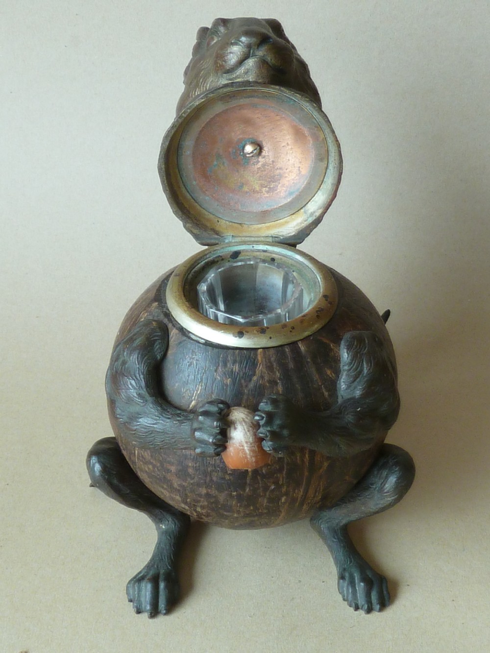 Victorian Squirrel Novelty Inkwell Coconut Shell Hazel Nut Brass View VIII