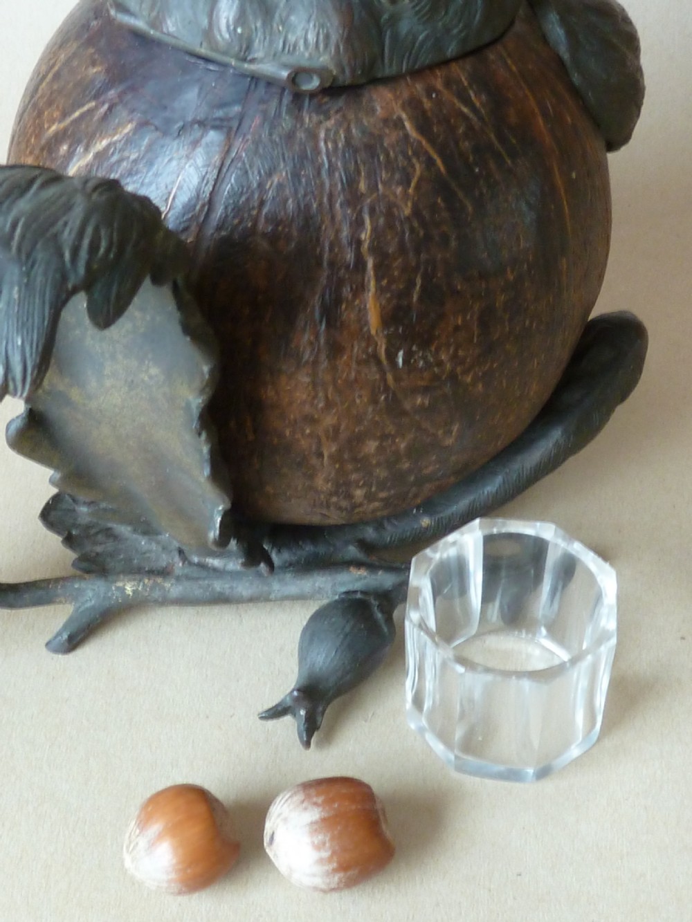 Victorian Squirrel Novelty Inkwell Coconut Shell Hazel Nut Brass View IX