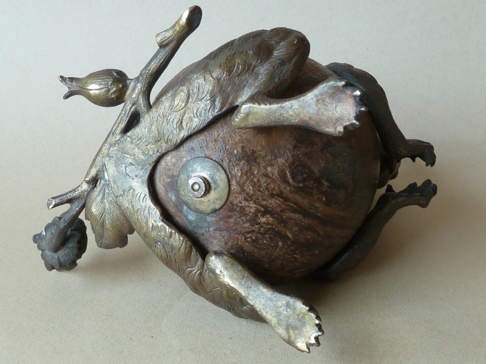 Victorian Squirrel Novelty Inkwell Coconut Shell Hazel Nut Brass View X