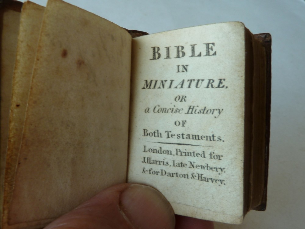 An eighteenth-century dark brown calfskin leather miniature bible with visible spine wear and raised bands. View IV