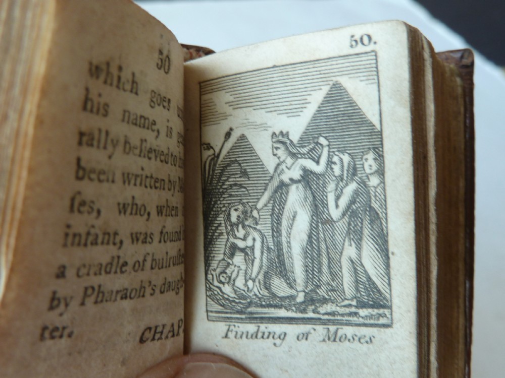 An eighteenth-century dark brown calfskin leather miniature bible with visible spine wear and raised bands. View VI