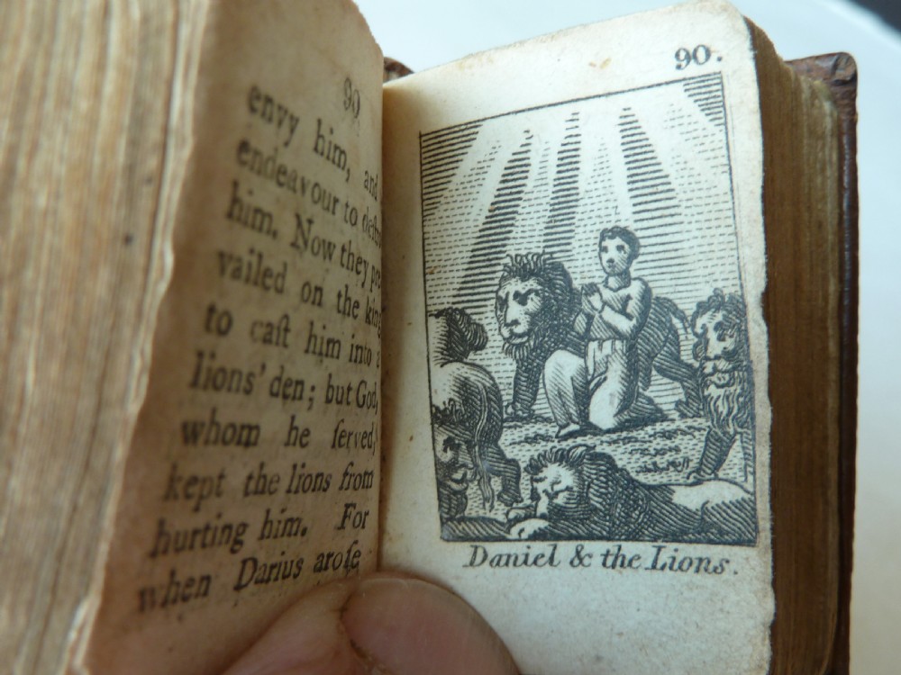 An eighteenth-century dark brown calfskin leather miniature bible with visible spine wear and raised bands. View VIII