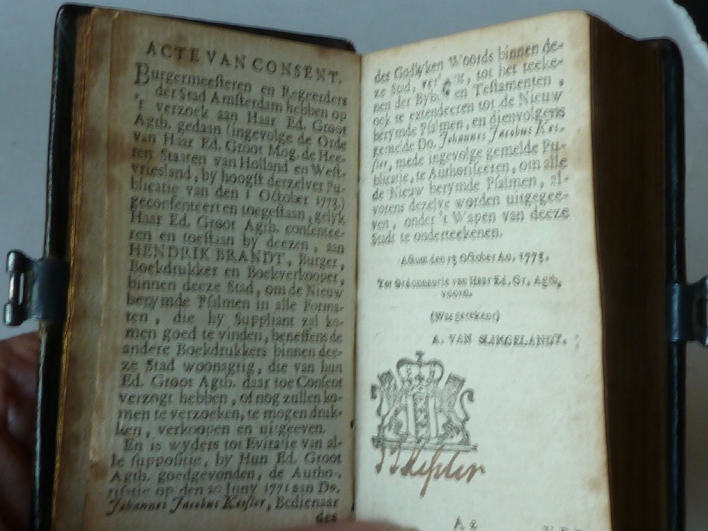 An eighteenth-century miniature Dutch leather-bound psalm book with gilt page edges and a silver metal clasp closure. View VI
