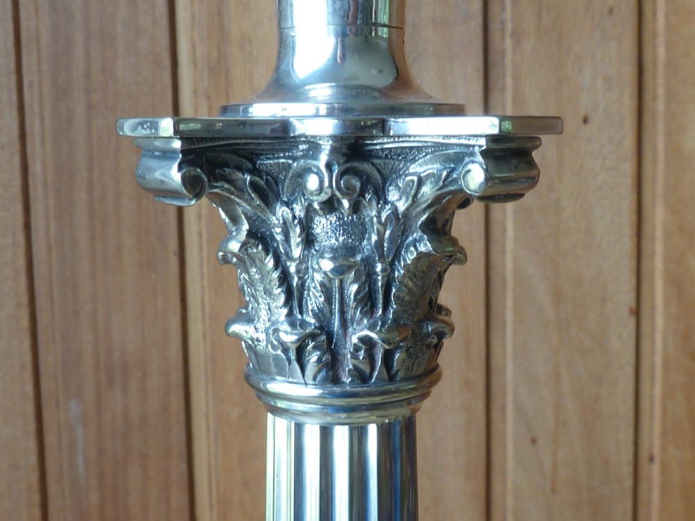 Large Victorian Silver Plate Corinthian Column Table Lamp Oil English View V