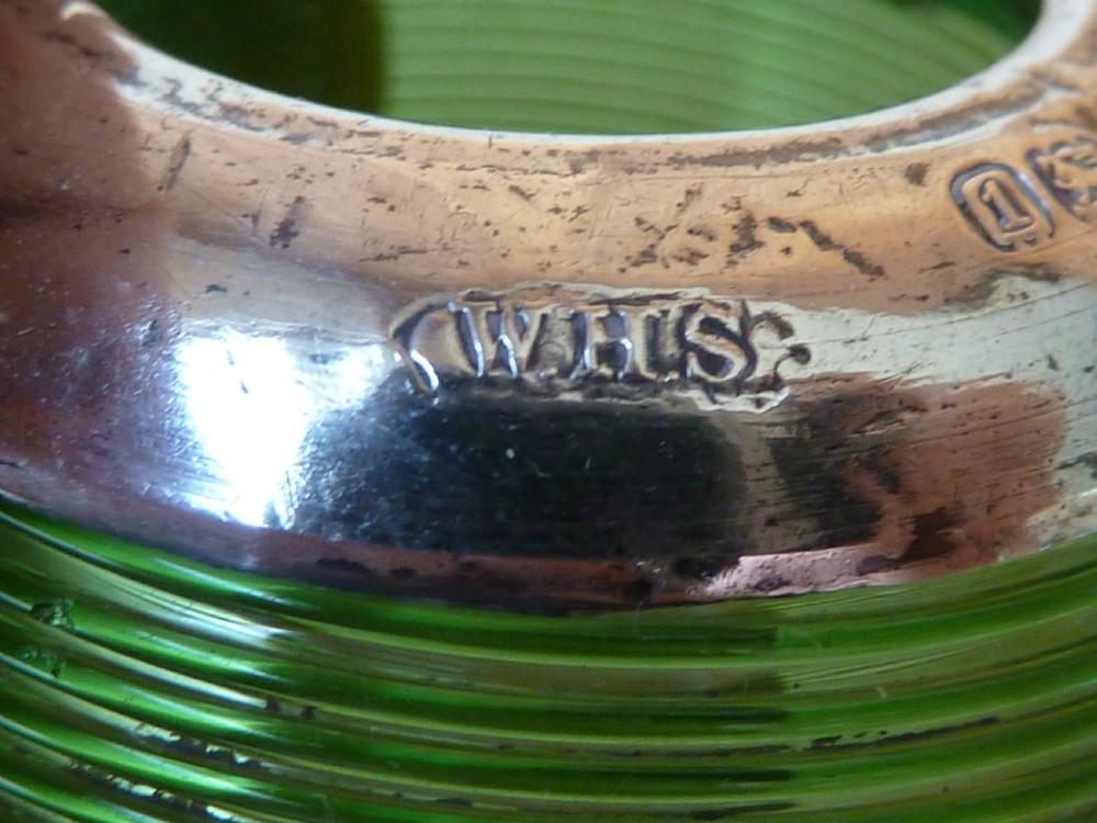 Edwardian Silver Ribbed Threaded Green Glass Match Holder Striker Globe Ball Vesta Hallmarked 1906  View II