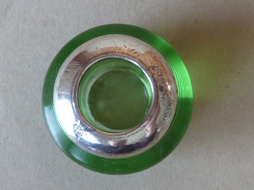 Edwardian Silver Ribbed Threaded Green Glass Match Holder Striker Globe Ball Vesta Hallmarked 1906  View VI