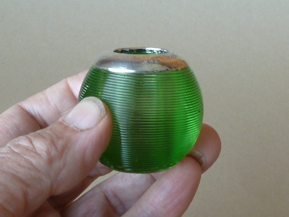 Edwardian Silver Ribbed Threaded Green Glass Match Holder Striker Globe Ball Vesta Hallmarked 1906  View VII