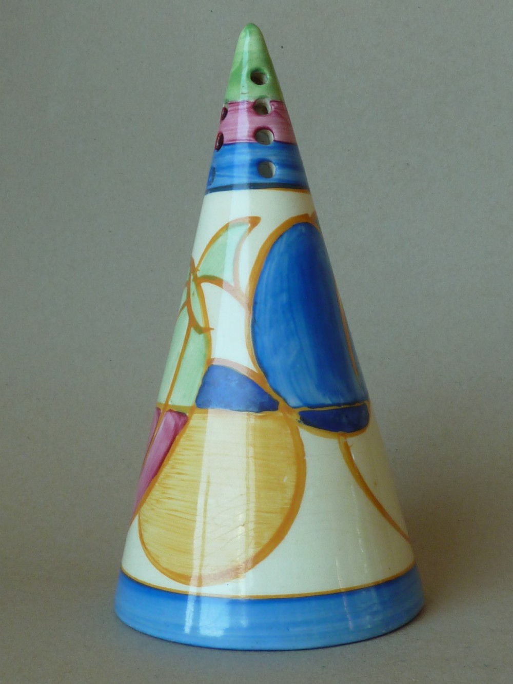 Clarice Cliff Conical Sugar Sifter Fantasque Pastel Melon Original Art Deco Caster Shaker View II