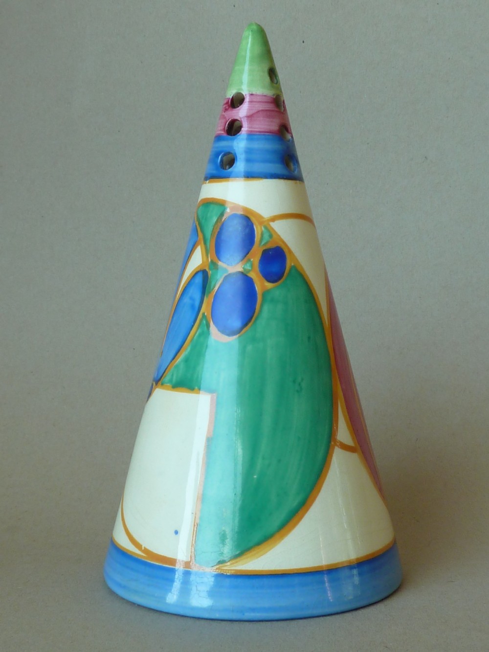Clarice Cliff Conical Sugar Sifter Fantasque Pastel Melon Original Art Deco Caster Shaker View IV