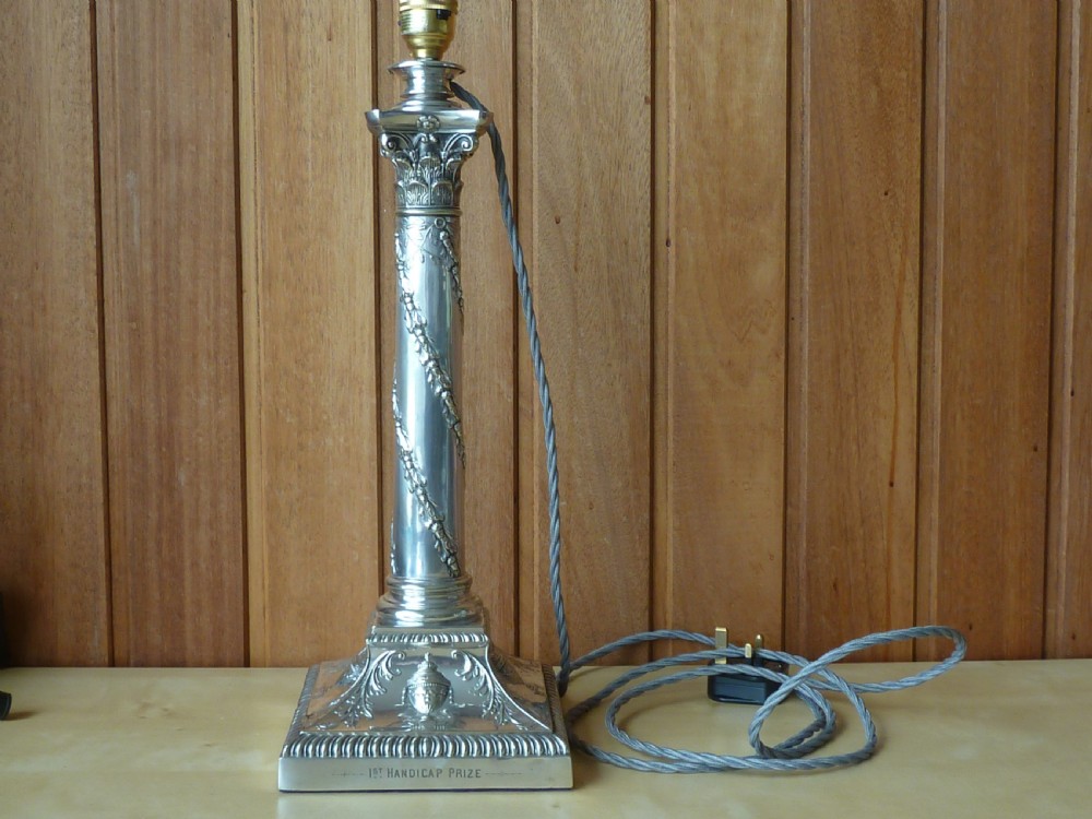 Decorative Victorian Silver Plate Corinthian Column Table Lamp Oil English Golf