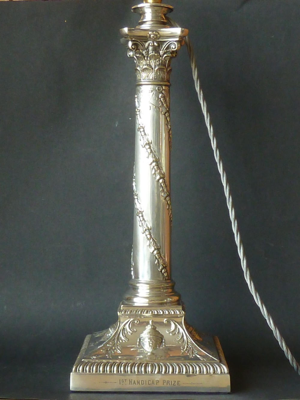 Decorative Victorian Silver Plate Corinthian Column Table Lamp Oil English Golf View II