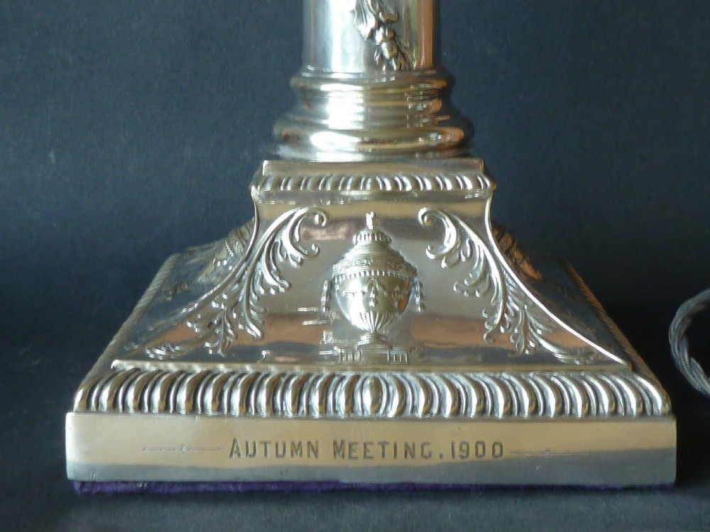 Decorative Victorian Silver Plate Corinthian Column Table Lamp Oil English Golf View V
