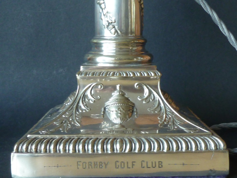 Decorative Victorian Silver Plate Corinthian Column Table Lamp Oil English Golf View VI