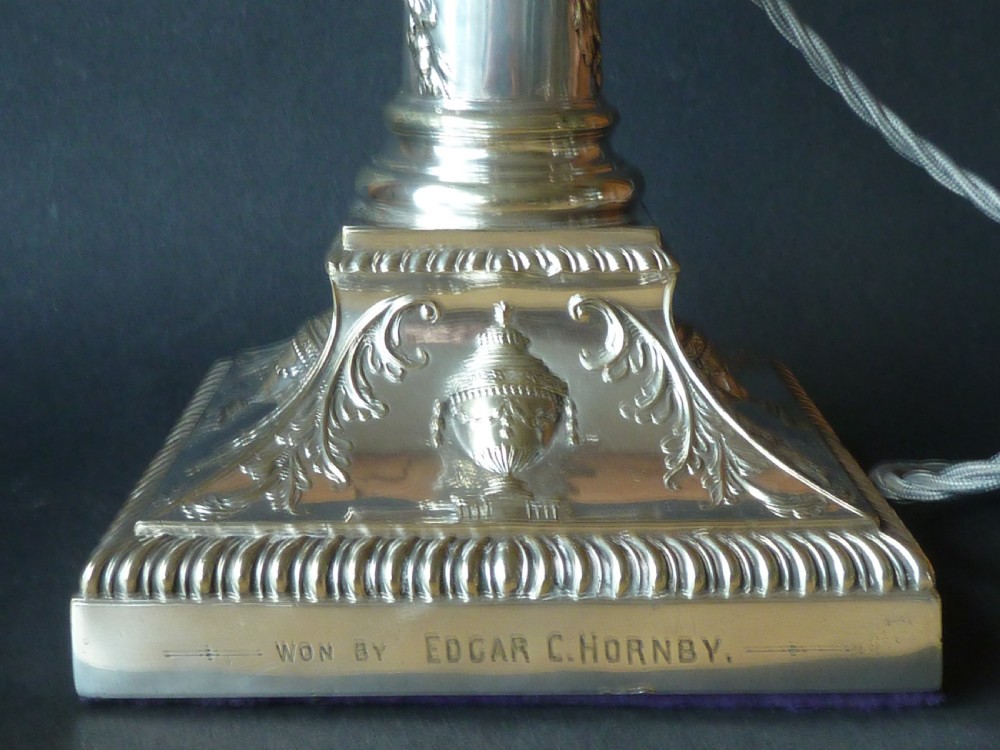 Decorative Victorian Silver Plate Corinthian Column Table Lamp Oil English Golf View VII