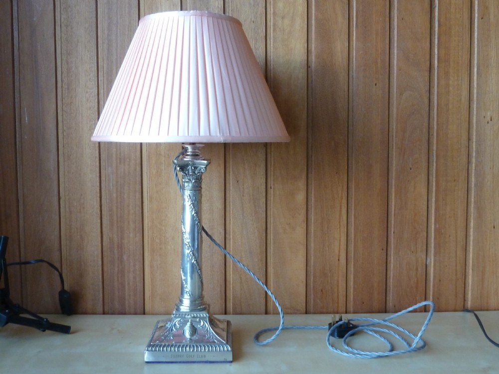 Decorative Victorian Silver Plate Corinthian Column Table Lamp Oil English Golf View IX