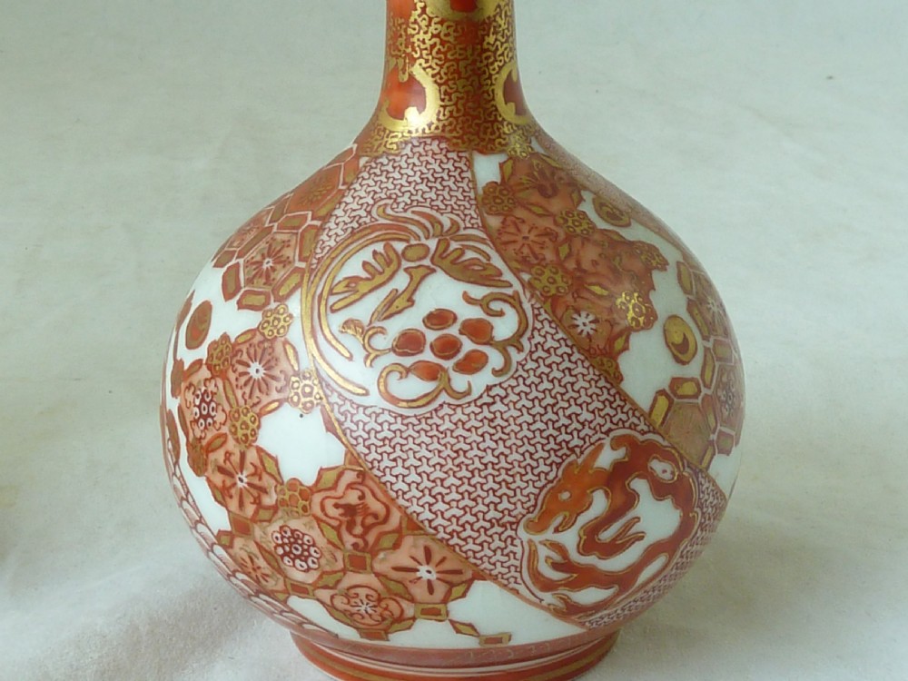 Japanese Kutani Porcelain Pair Bottle Vases Meiji Period View V