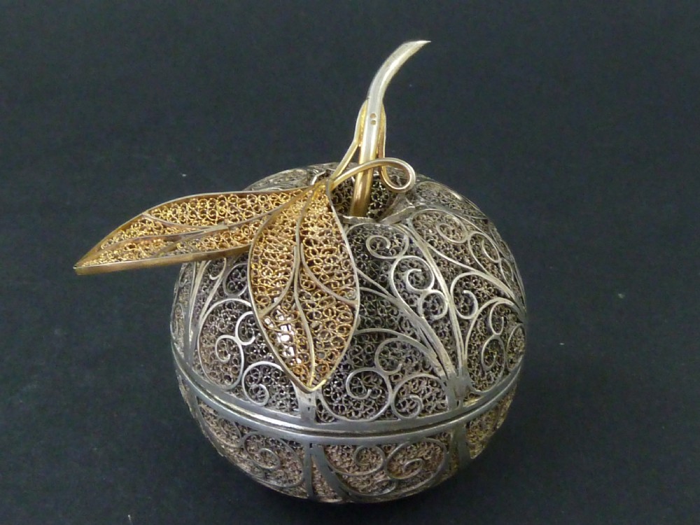 Silver Filigree Apple Shaped Box Tunisia Moor Marked 800