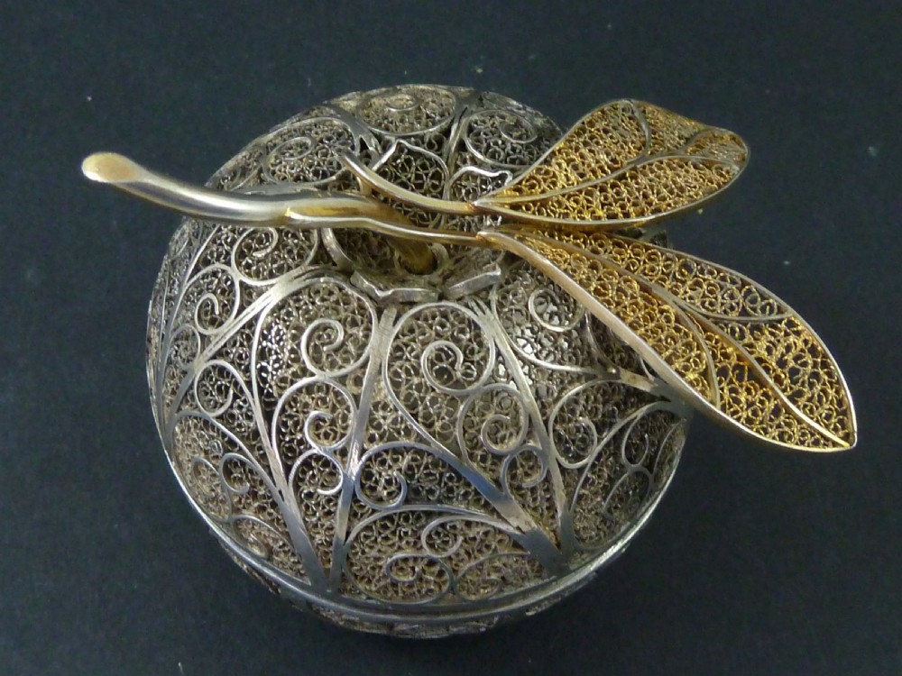 Silver Filigree Apple Shaped Box Tunisia Moor Marked 800 View II