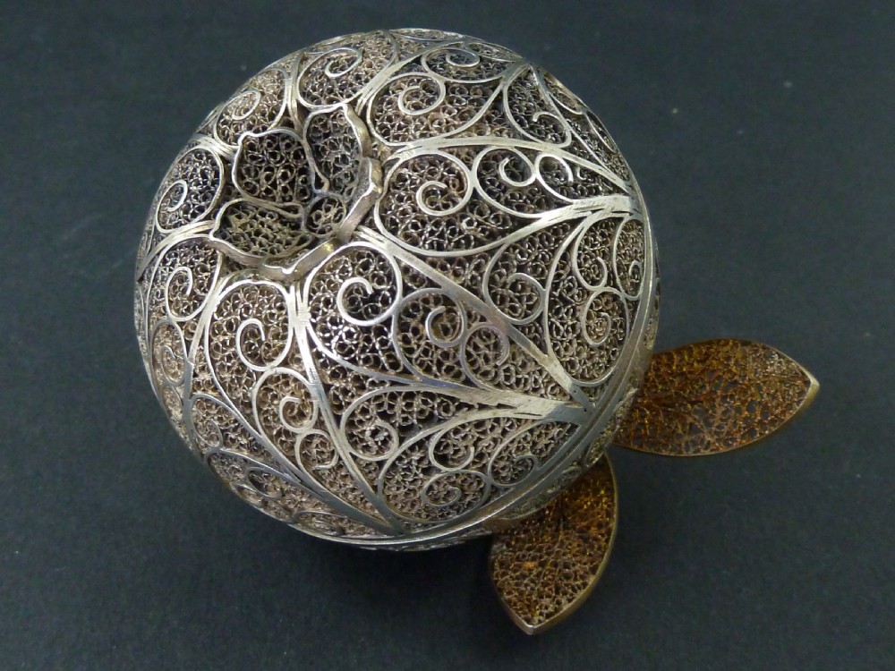 Silver Filigree Apple Shaped Box Tunisia Moor Marked 800 View VI