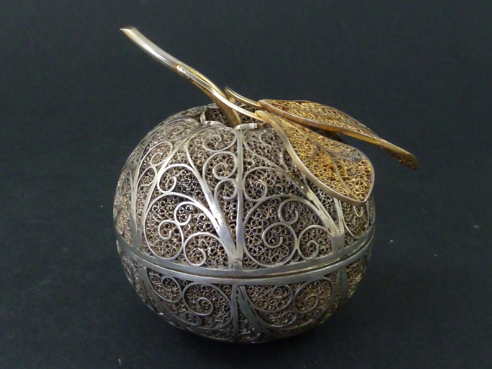 Silver Filigree Apple Shaped Box Tunisia Moor Marked 800 View VII
