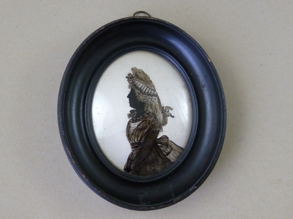 Glass Reverse Painted Silhouette Portrait Miniature Mrs Hudson Pear Wood Oval Frame Georgian