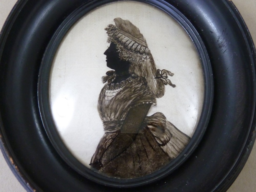 Glass Reverse Painted Silhouette Portrait Miniature Mrs Hudson Pear Wood Oval Frame Georgian View III