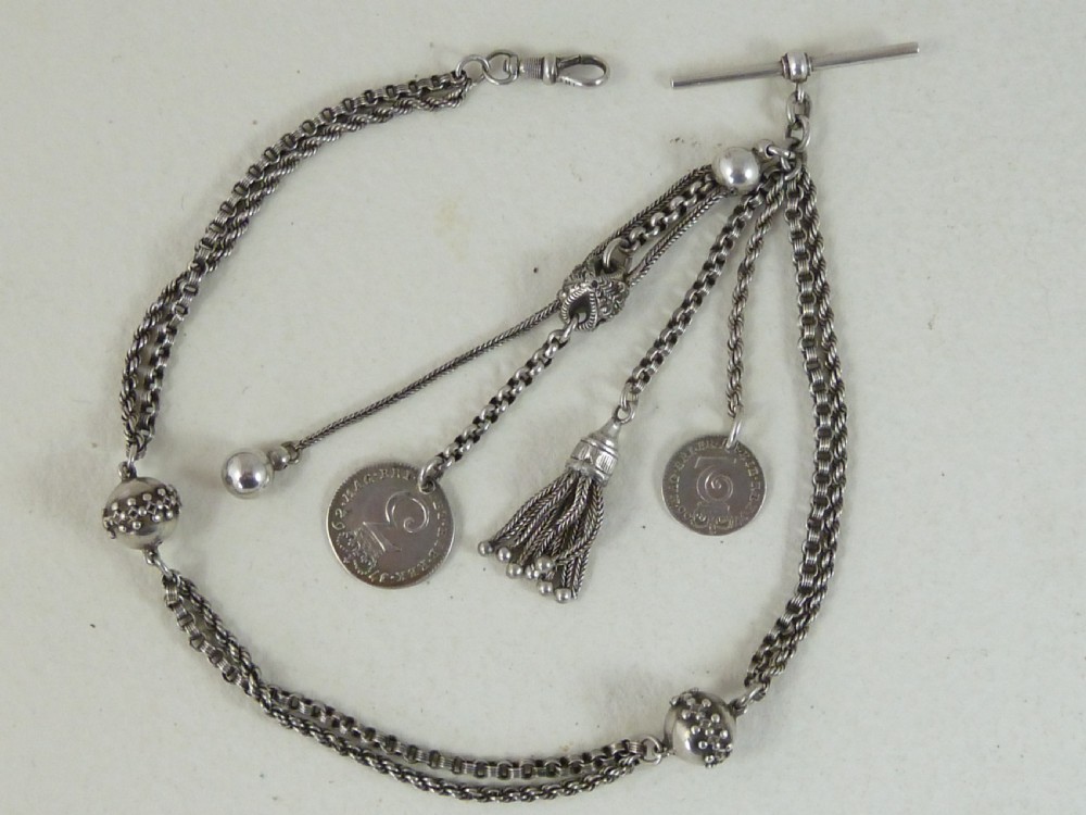 Victorian Silver Albertina Pocket Watch Chain Tassel Fob Maundy Coins Bracelet Charm 