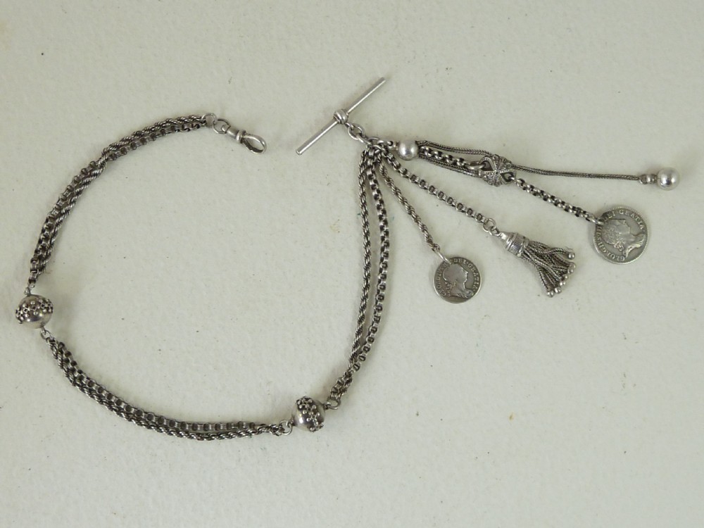 Victorian Silver Albertina Pocket Watch Chain Tassel Fob Maundy Coins Bracelet Charm  View II