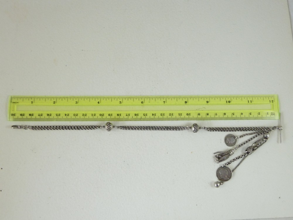Victorian Silver Albertina Pocket Watch Chain Tassel Fob Maundy Coins Bracelet Charm  View III