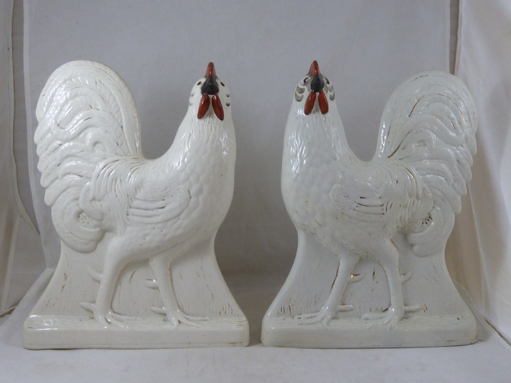 Pair Victorian Scottish Pottery Hens Chickens Cockerels View II