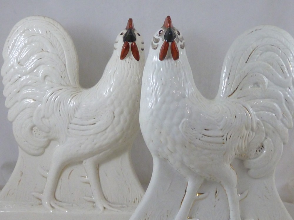 Pair Victorian Scottish Pottery Hens Chickens Cockerels View VIII