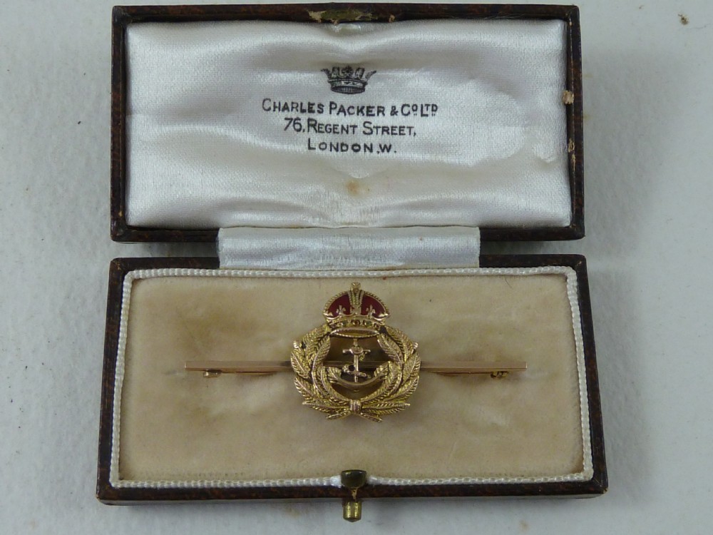 Royal Navy Gold Enamel Sweetheart Brooch Stick Tie Pin Marked 9ct Solid Boxed View VII