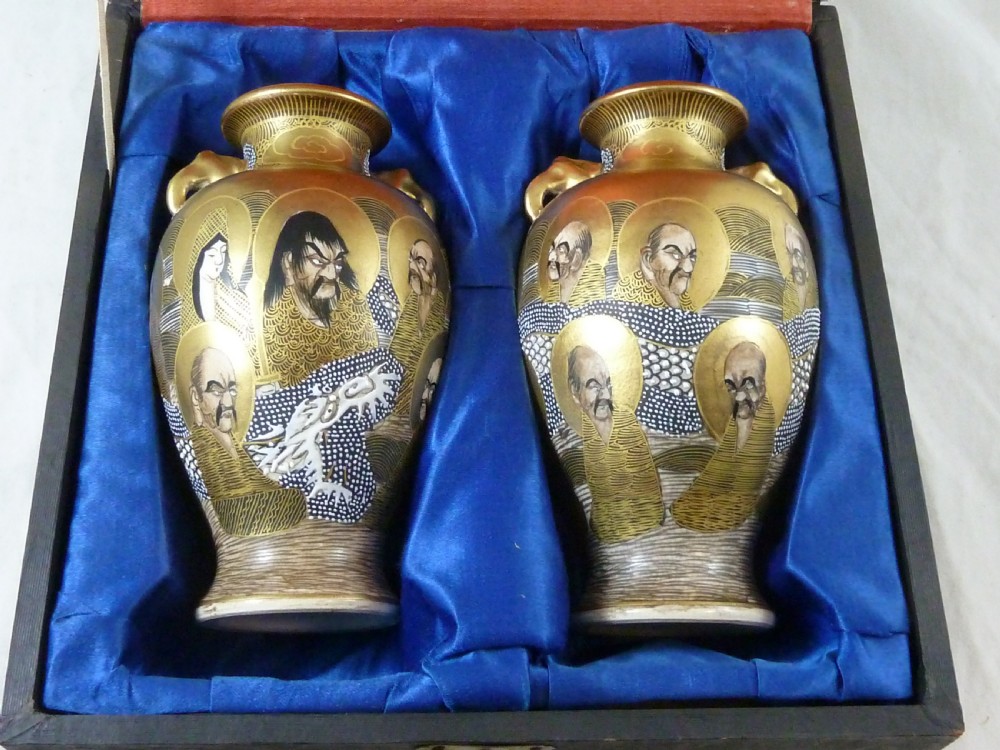 Japanese Satsuma Meiji Period Pottery Pair Vases Signed Hododa Boxed Gods Dragon