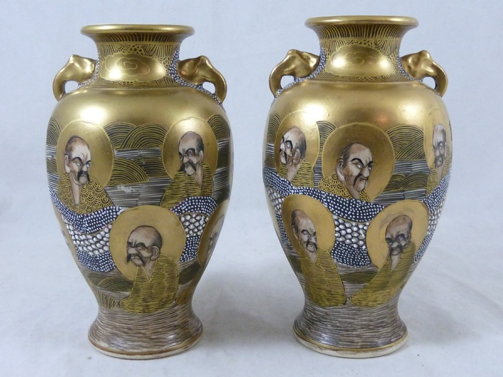 Japanese Satsuma Meiji Period Pottery Pair Vases Signed Hododa Boxed Gods Dragon View IV