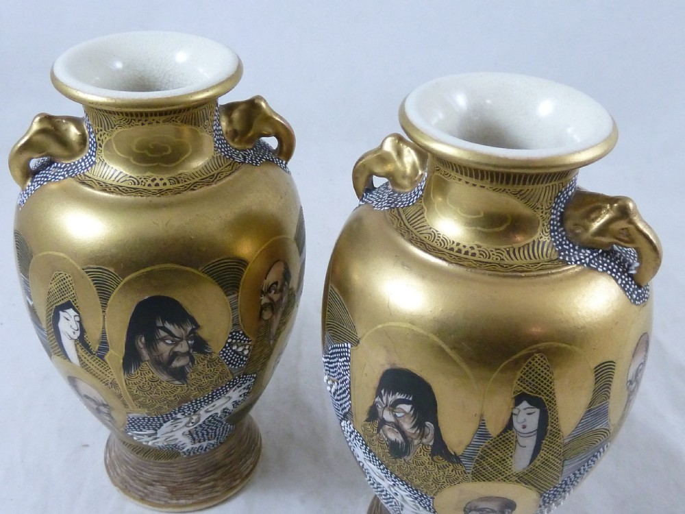 Japanese Satsuma Meiji Period Pottery Pair Vases Signed Hododa Boxed Gods Dragon View VIII