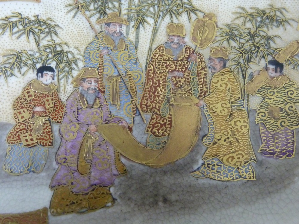 Japanese Satsuma Meiji Period Pottery Plate Marked Signed Boxed Procession Geisha View VI