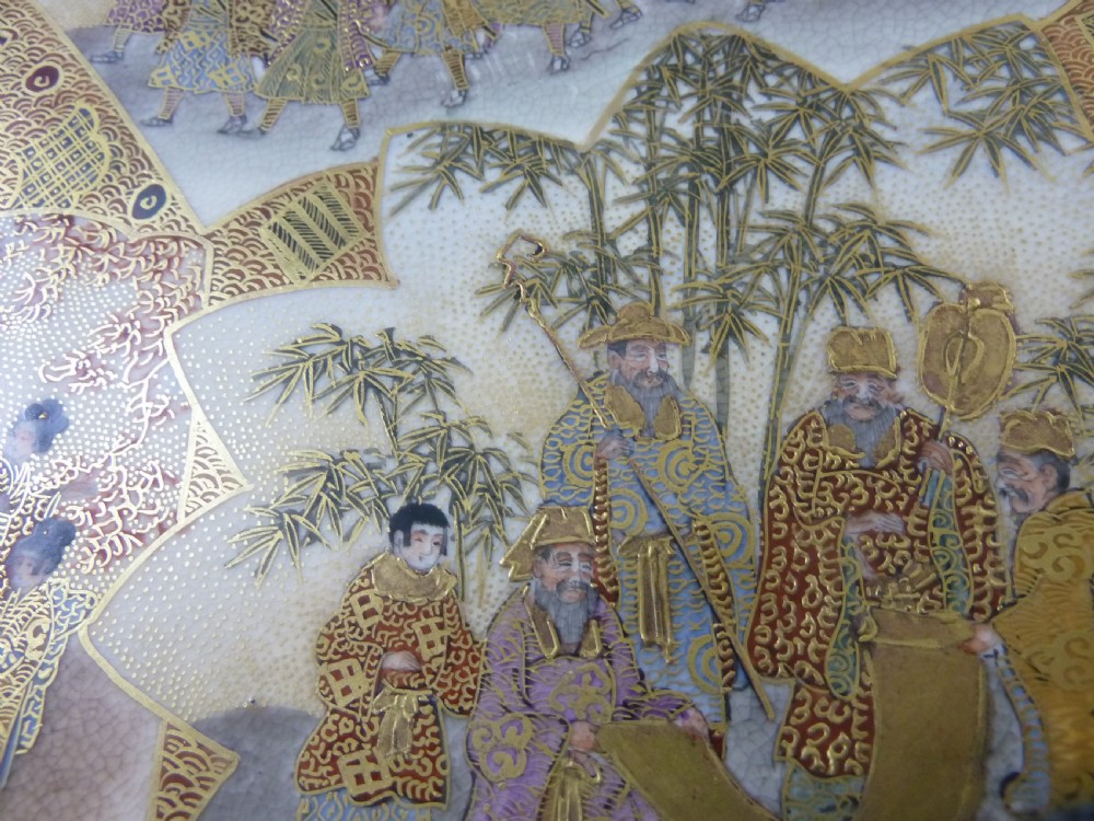 Japanese Satsuma Meiji Period Pottery Plate Marked Signed Boxed Procession Geisha View IX