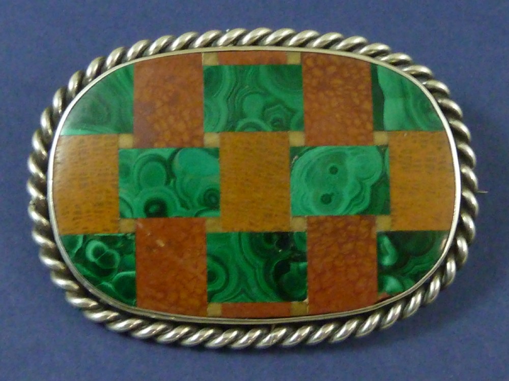 Extra Large Victorian Brooch Scottish Tartan Mosaic Plaid Hardstone Pebble Pin Silver Malachite