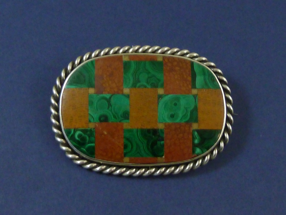 Extra Large Victorian Brooch Scottish Tartan Mosaic Plaid Hardstone Pebble Pin Silver Malachite View II