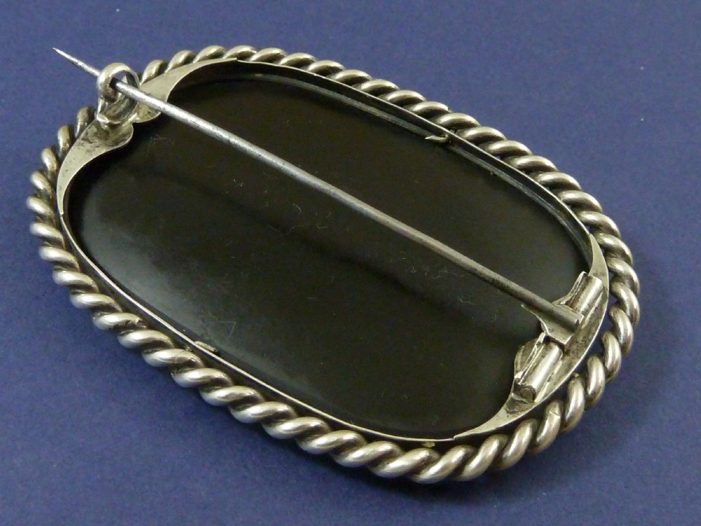 Extra Large Victorian Brooch Scottish Tartan Mosaic Plaid Hardstone Pebble Pin Silver Malachite View IV