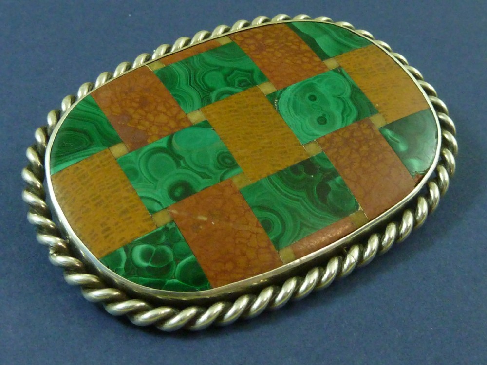 Extra Large Victorian Brooch Scottish Tartan Mosaic Plaid Hardstone Pebble Pin Silver Malachite View V