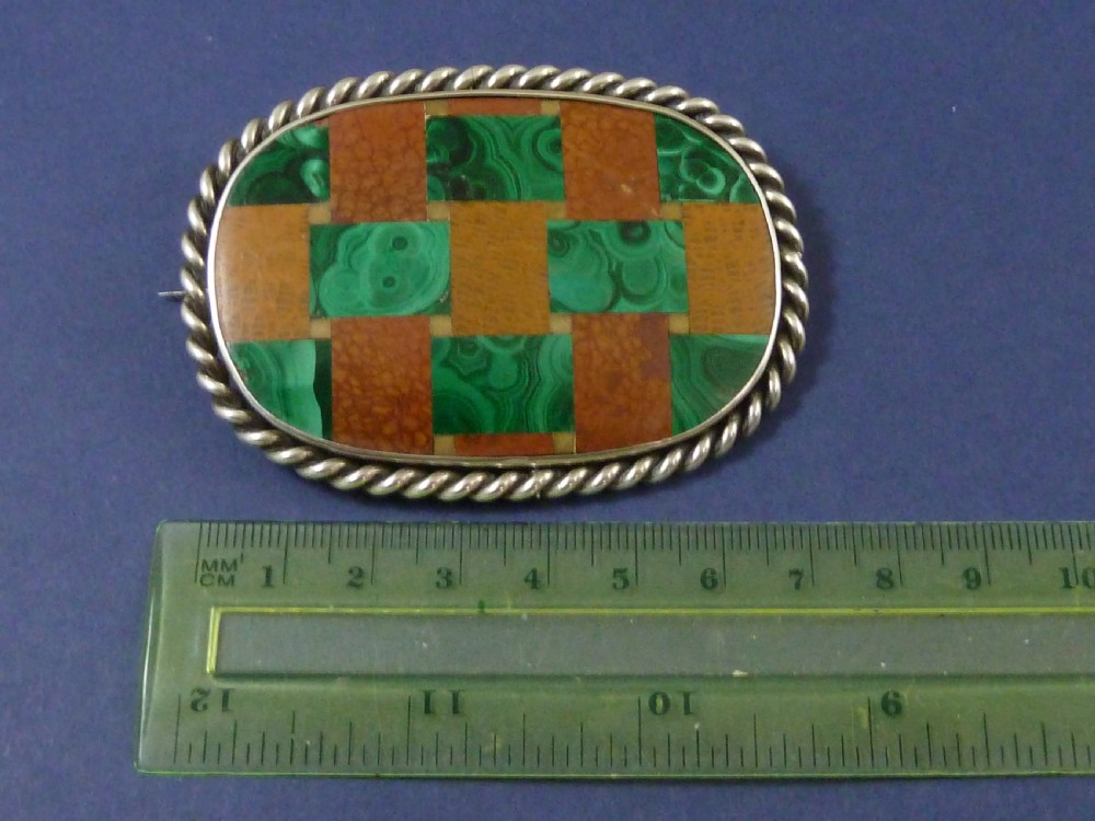 Extra Large Victorian Brooch Scottish Tartan Mosaic Plaid Hardstone Pebble Pin Silver Malachite View VI