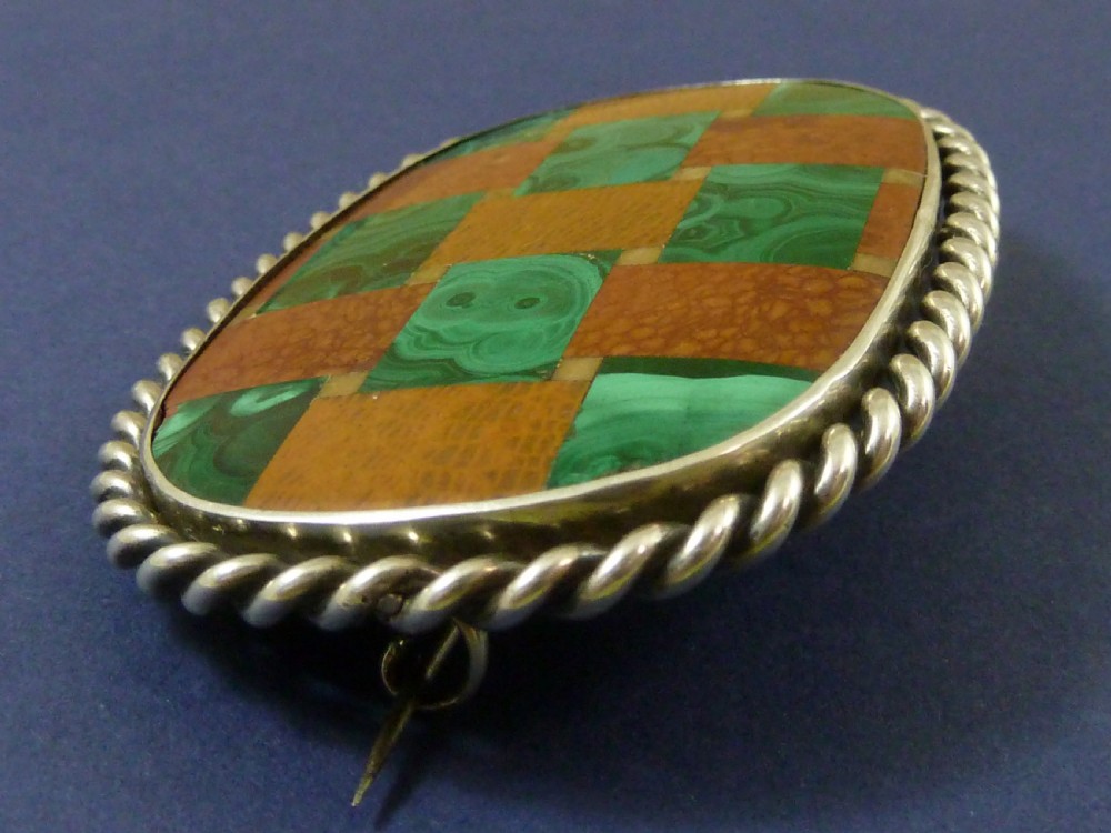 Extra Large Victorian Brooch Scottish Tartan Mosaic Plaid Hardstone Pebble Pin Silver Malachite View VII