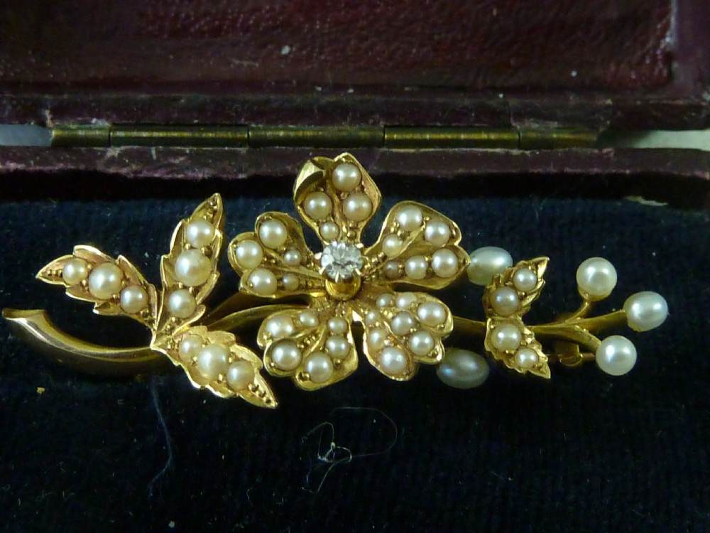 Victorian 15K Gold Brooch Diamond Split Pearls Boxed 