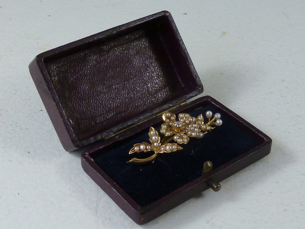 Victorian 15K Gold Brooch Diamond Split Pearls Boxed  View II