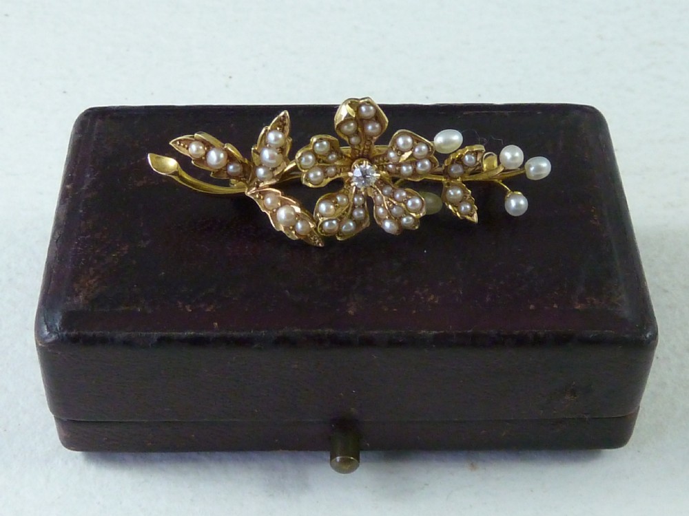Victorian 15K Gold Brooch Diamond Split Pearls Boxed  View III