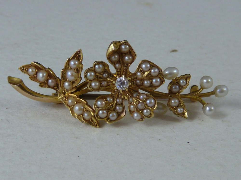Victorian 15K Gold Brooch Diamond Split Pearls Boxed  View IV